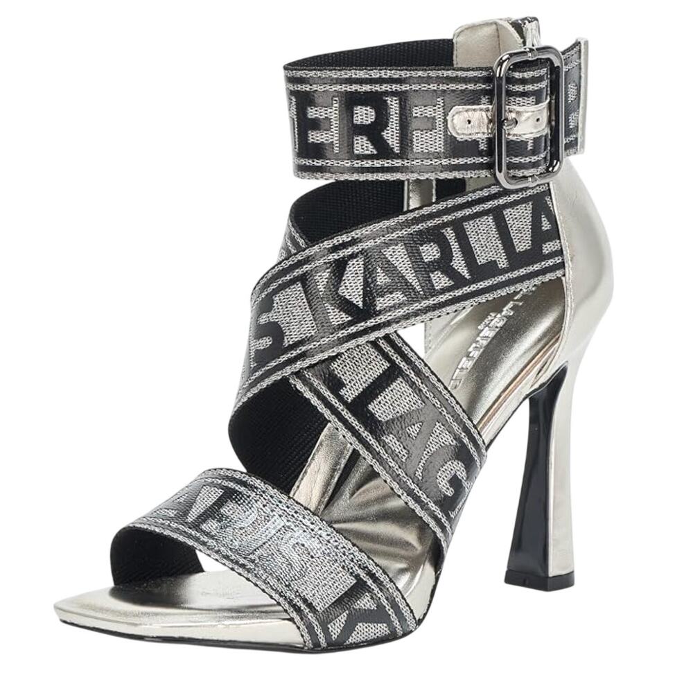 Karl Lagerfeld Paris Metallic Logo Strap Dress high heel Sandals 7.5 women NWOT